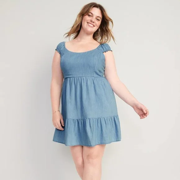 Old Navy Fit & Flare Puff-Sleeve Smocked Jean Mini Dress for Women New - Picture 5 of 5